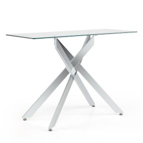 Mesa consola de cristal con tablero templado y patas de metal plata para salón o entrada