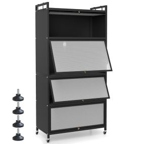 Armario de cocina metálico de 5 niveles con 4 puertas abatibles y ruedas, negro
