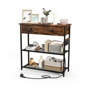 Mesa consola recibidor con estación de carga, cajones, estantes, tomas y puertos USB 81 x 30 x 81 cm marrón
