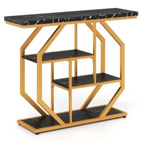Mesa consola moderna de 4 niveles con estructura metálica, estantes y superficie mármol negro y dorado