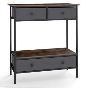 Mesa consola industrial con cajones, estante abierto y estructura metálica, marrón rústico
