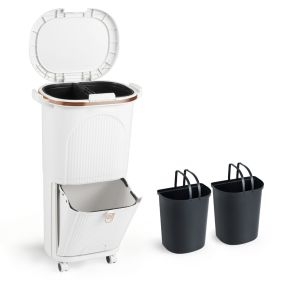 Cubo de basura de cocina 38 L con tapa doble capa, 2 cubos extraíbles, pedal y ruedas, blanco