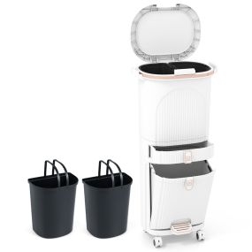 Cubo de basura de cocina 42L con tapa, 3 capas, 2 cubetas extraíbles, cajón, pedal y ruedas, blanco