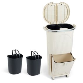 Cubo de basura de 38 L de dos capas con 2 cubos extraíbles, pedal y ruedas, beige para salón, cocina y baño