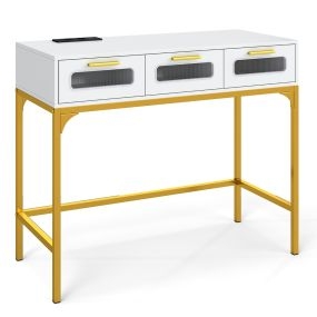 Mesa consola blanca 90 cm con luces LED, estación de carga, enchufes USB y cajones estrecha