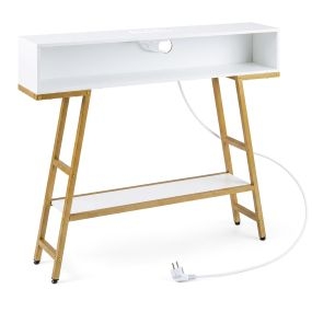Mesa consola blanca con luz LED y estación de carga de 3 niveles para pasillo y sala de estar