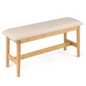 Banco tapizado 100 cm con botones, asiento acolchado de cuero artificial y estructura de bambú beige