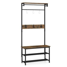 Organizador 5 en 1 con banco zapatero, estante, barras y ganchos, perchero industrial café