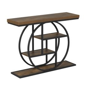 Mesa de entrada industrial de 4 niveles con estantes, estructura metálica circular y antivuelco para salón o pasillo