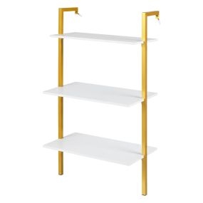 Librería flotante de 3 niveles en forma de escalera con estructura dorada y paneles blancos