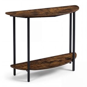 Mesa consola media luna industrial de 2 niveles con estante abierto de metal antivuelco marrón rústico
