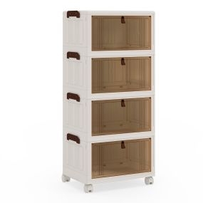 Caja de zapatos plegable apilable de 4 niveles con tapa, puertas y ruedas bloqueables, plástico blanco