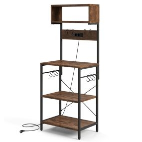 Estante de cocina con enchufe para microondas alto 153 cm con estantes abiertos y ganchos marrón