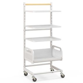 Carro utilitario rodante de metal 4 niveles con estantes ajustables, mango de madera y ruedas de caucho, blanco