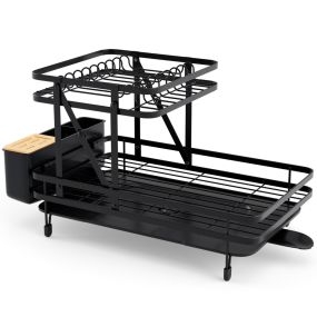 Juego de escurridor y secaplatos plegable metálico de 2 niveles con soporte para utensilios negro