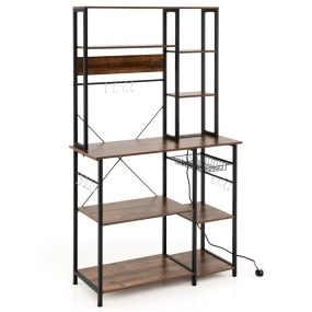 Estantería de cocina con toma de corriente para microondas, 6 niveles, madera, marrón