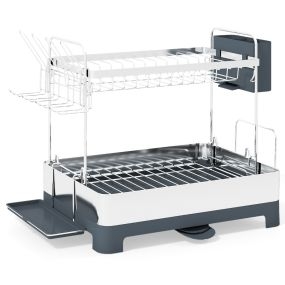 Escurreplatos de acero inoxidable de 2 niveles con soporte para vajilla, tabla y utensilios gris
