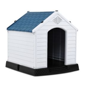 Casa para perros impermeable y ventilada con suelo elevado blanco y azul 70 x 65 x 71,5 cm