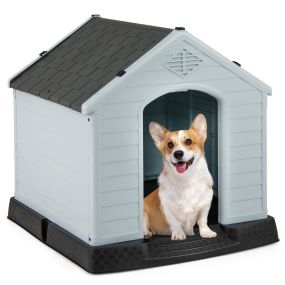 Casa de plástico para perros con suelo elevado y válvulas de aire, interior y exterior, blanco y gris