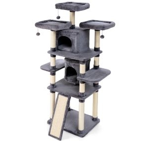 Rascador para gatos torre multinivel 170 cm gris con casitas acolchadas y centro de actividad