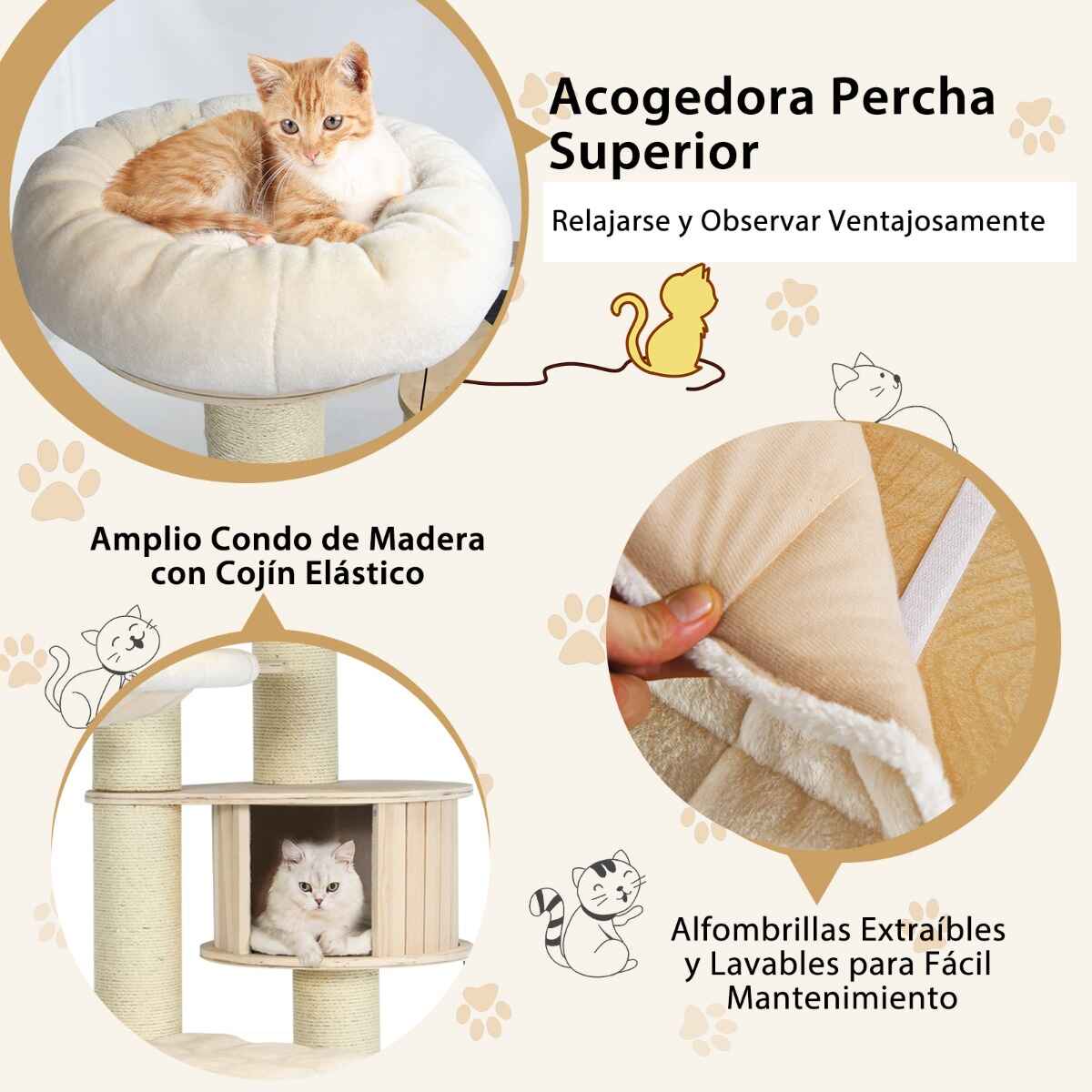 Árbol para gatos de 197 cm con múltiples niveles, condominio de madera, hamacas y cesta colgante blanco