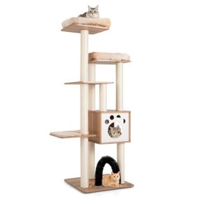 Árbol para gatos de interior moderno de 176 cm con 2 perchas y alfombrillas lavables beige