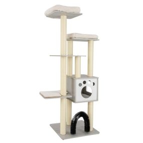 Árbol para gatos de interior moderno de 6 niveles con 2 perchas y arco cepillador gris
