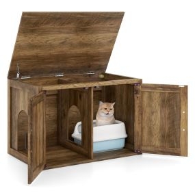 Mueble oculto para arenero de gato con tapa abatible, puertas de granero dobles y divisor extraíble, entrada lateral, marrón