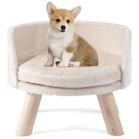 Sofá cama para perros 42 cm con cojín redondo acolchado, patas de madera de pino, blanco