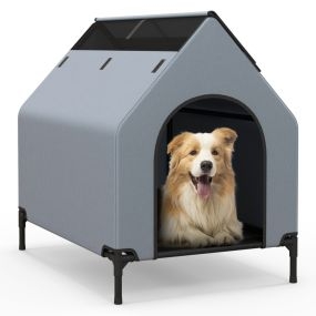 Casa Elevada para Perros de 91CM para Razas Pequeñas con Ventanas Ventiladas Cubierta Extraíble para Interior y Exterior