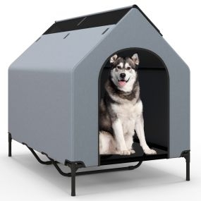 Casa elevada para perros de 132 cm para razas pequeñas con ventanas ventiladas y cubierta extraíble