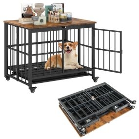 Jaula plegable para perros con bandeja extraíble, resistente a mordiscos, puerta y ruedas bloqueables marrón