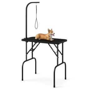Mesa de aseo para mascotas plegable con brazo ajustable, lazo y superficie antideslizante e impermeable negra