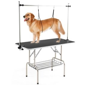 Mesa de peluquería para mascotas plegable con brazos ajustables, bandeja de malla y correas, 125 x 61 x 162 cm, negro