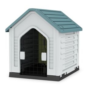 Caseta para perros con puerta metálica bloqueable y techo inclinado 66,5 x 52 x 60 cm azul oscuro