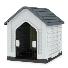 Caseta para perros con puerta metálica bloqueable, techo inclinado y buena ventilación, 66,5 x 52 x 60 cm, gris
