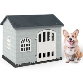 Casa de plástico para perros con 3 ventanas y puerta con cerradura 75 x 58 x 65 cm gris