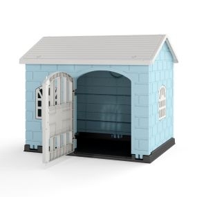 Casa de plástico para perros con 3 ventanas y puerta con cerradura 75 x 58 x 65 cm azul claro
