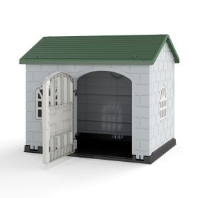 Casa de plástico para perros con 3 ventanas, puerta con cerradura y techo inclinado 75 x 58 x 65 cm verde