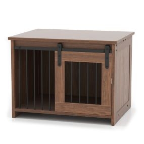 Jaula moderna de madera para perros con puerta corrediza y tubos metálicos marrón