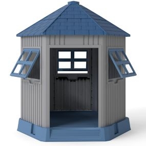 Caseta para perros exterior con 2 ventanas y claraboya, techo inclinado, azul y gris