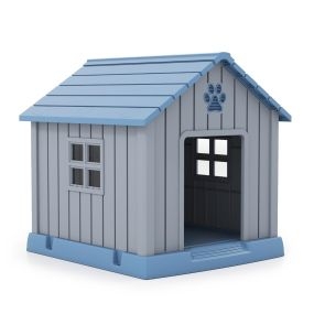 Casa de plástico para perros impermeable y aislada con ventilaciones, suelo elevado, azul y gris