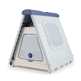 Casa plegable de plástico impermeable para perros con puerta de solapa bloqueable, azul