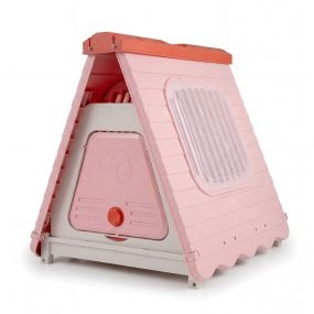 Casa plegable de plástico impermeable para perros con puerta de solapa bloqueable, rosa