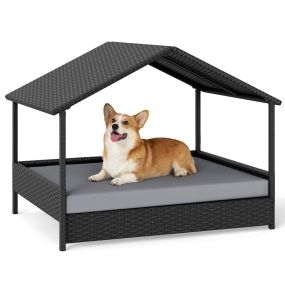 Casa de mimbre para perros con dosel, cama elevada de ratán, soporta 60 kg, cojín removible, gris y negro