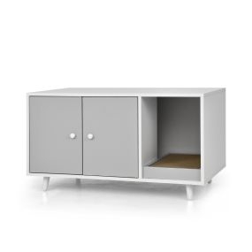Recinto arenero escondido para gatos mesita decorativa con doble puerta 90 x 50 x 50 cm blanco y gris