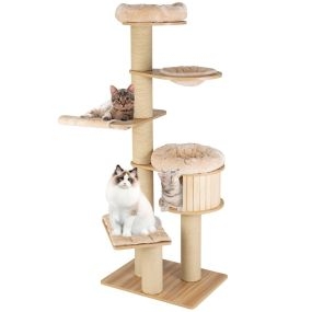 Árbol para gatos de 191 cm con percha espaciosa, hamaca, postes de rascado y tapetes lavables beige