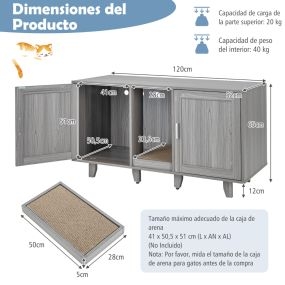 Mueble para gatos con baño oculto, tablero rascador y patas de madera extraíbles 120 x 52 x 65 cm gris oscuro