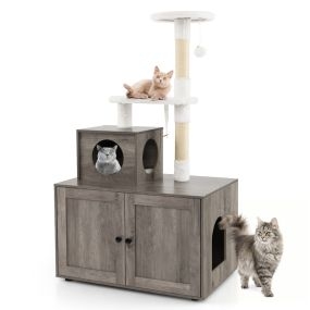 Casa para gatos con armario para caja de arena y torre rascadora gris 77,5 x 49 x 132 cm