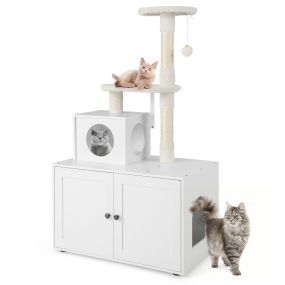 Casa para gatos con armario para caja de arena y torre rascadora 77,5 x 49 x 132 cm blanco